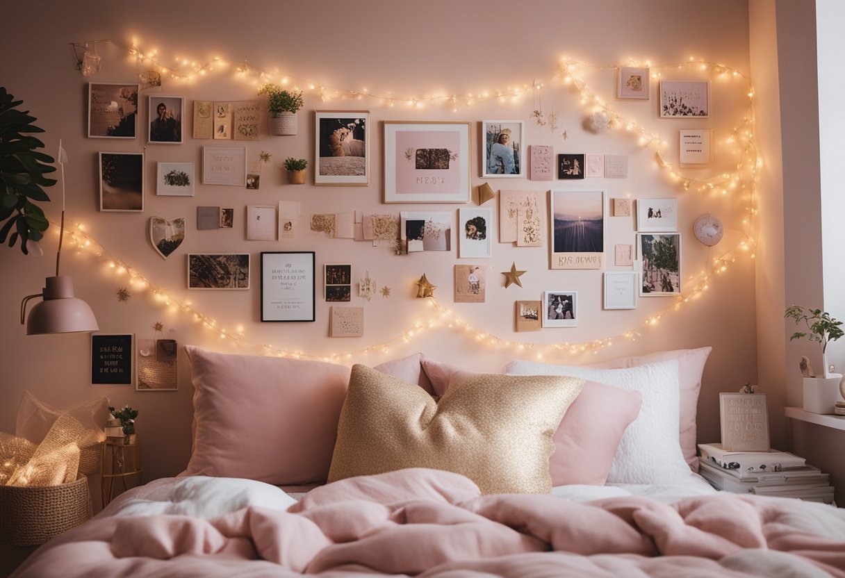 A cozy dorm room with pastel pink and gold accents, featuring a gallery wall of inspirational quotes and fairy lights draped around the bed