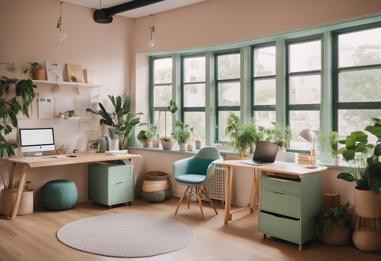 A cozy dorm room with pastel-colored furniture, string lights, and floral decor. A desk by the window overlooks a green campus