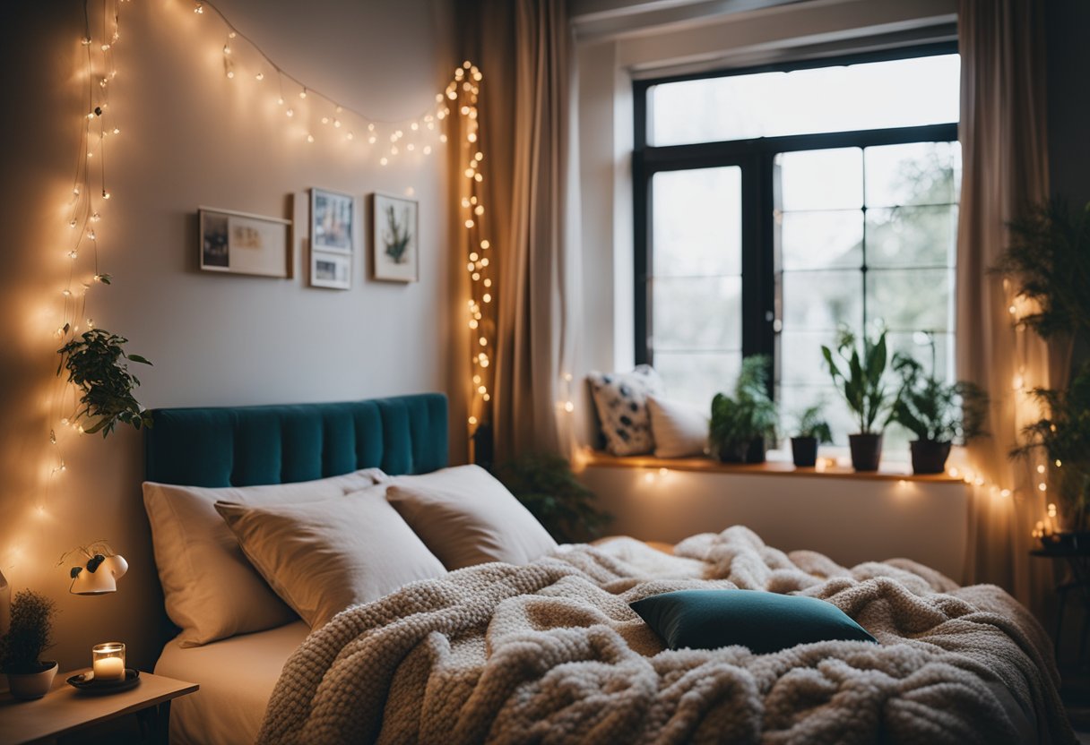 A cozy dorm room with string lights, fluffy pillows, and boho tapestries creating a warm and inviting atmosphere for girls
