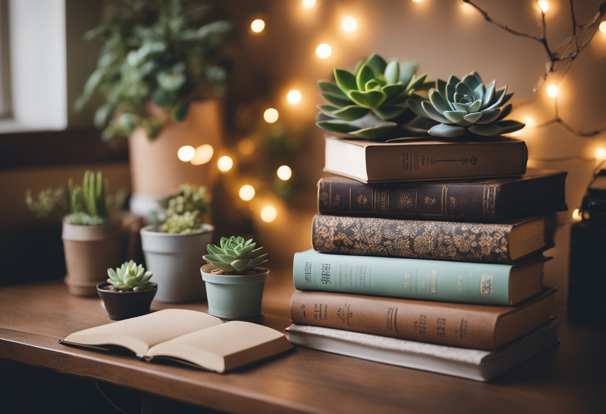 A cozy dorm room with fairy lights, succulents, and a stack of books on a vintage desk. Feminine decor includes floral prints and pastel colors