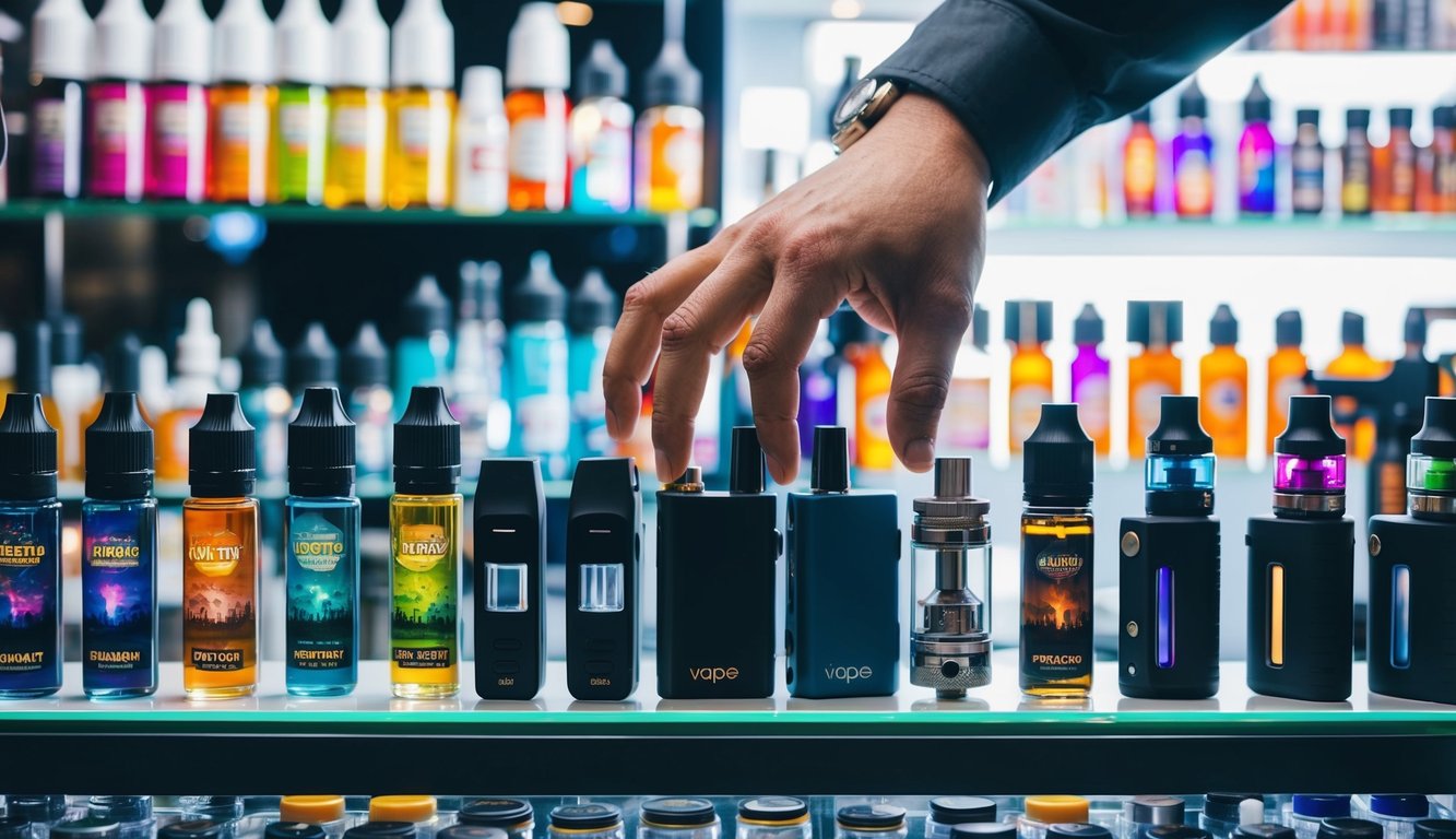 Sebuah tangan menjangkau tampilan berbagai perangkat vape, dikelilingi oleh rak yang penuh dengan berbagai rasa e-liquid dan aksesori