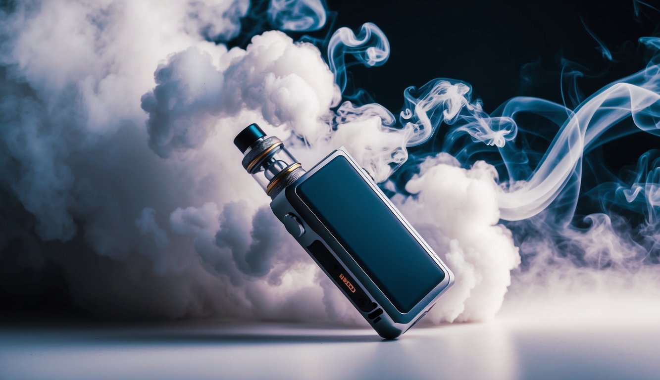 Sebuah mod vape menghembuskan awan tebal yang menggumpal, dikelilingi oleh jejak uap yang berputar dan suasana yang kabur.