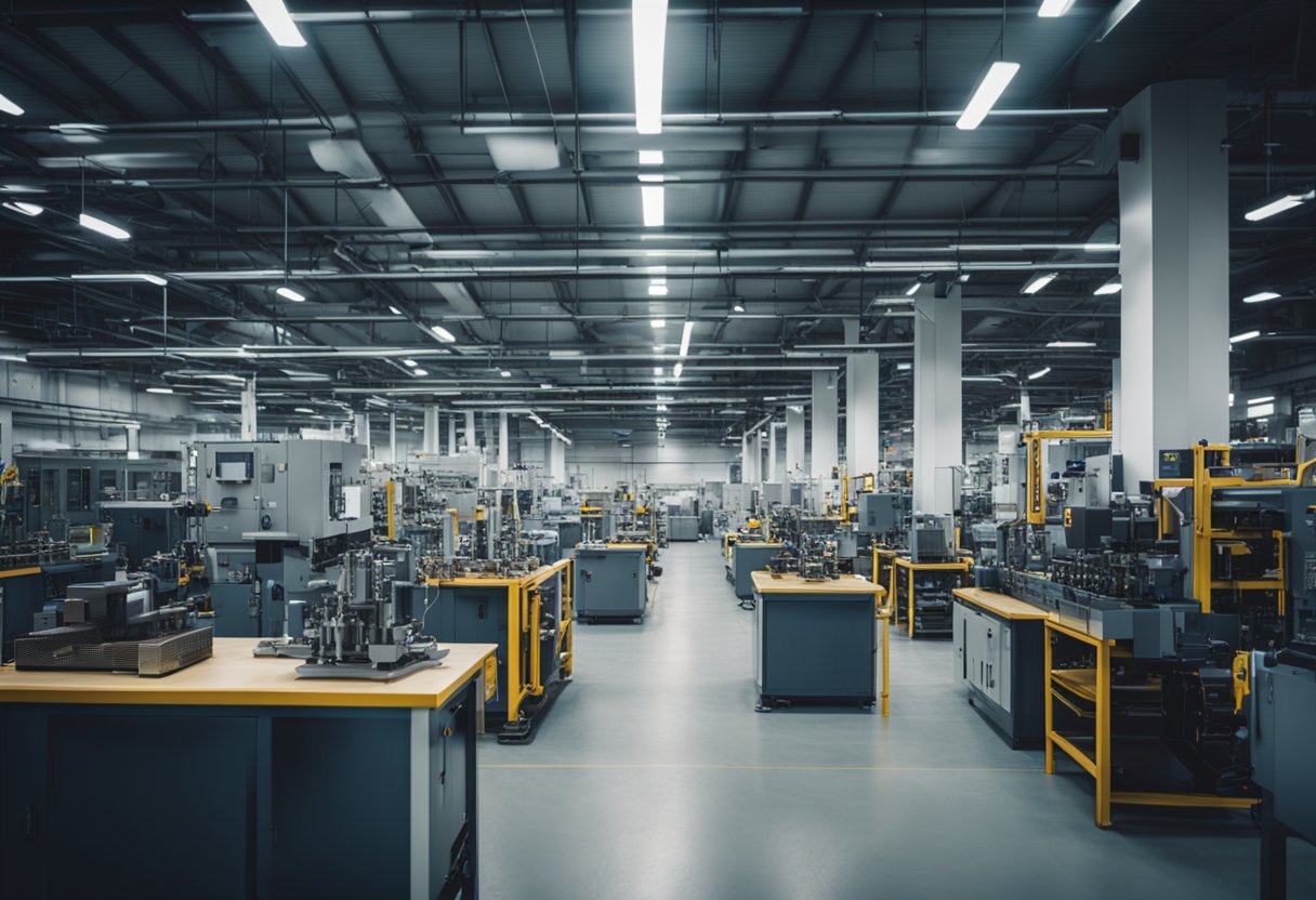 A busy factory floor with various industrial machines and equipment in operation, highlighting the importance of quality hardware in industrial operations