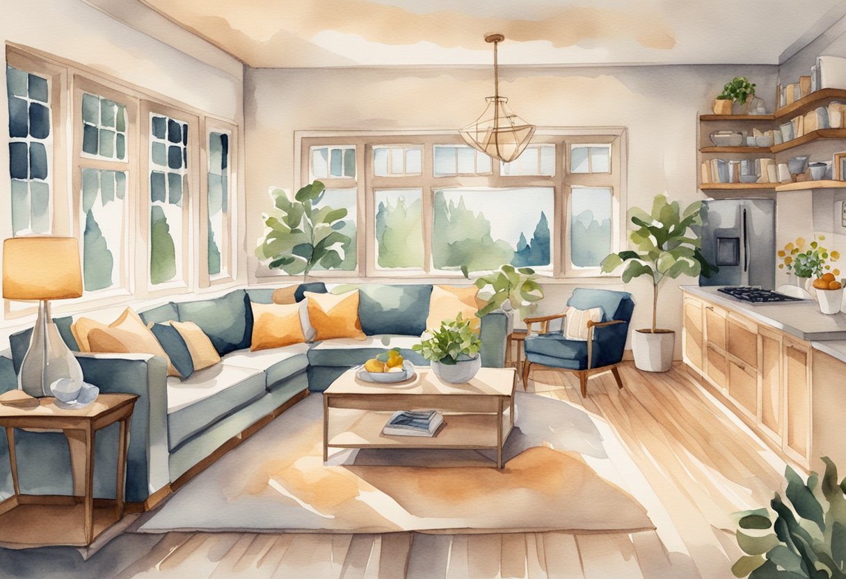 A cozy living room with neatly arranged furniture, soft cushions, and warm lighting. A clean kitchen with organized countertops and sparkling appliances