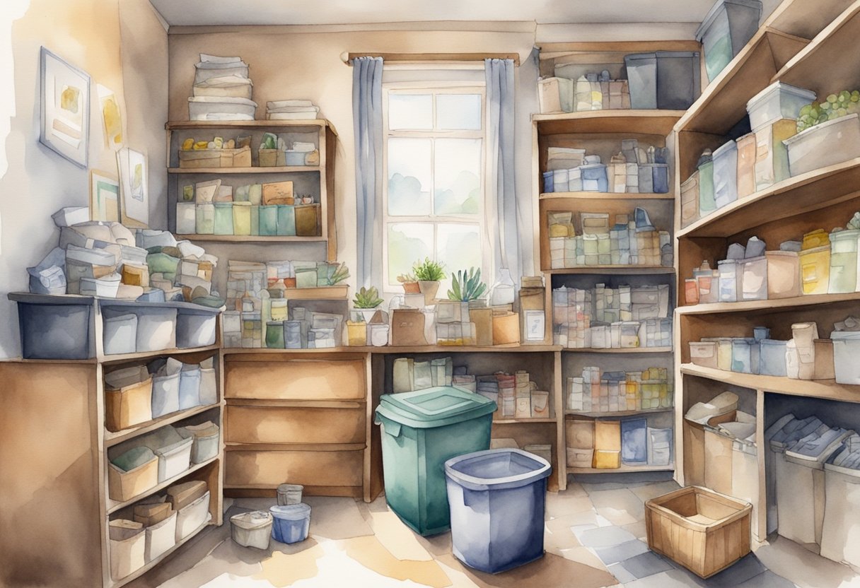 A cluttered room with items neatly organized into labeled bins and shelves, with a sense of calm and order