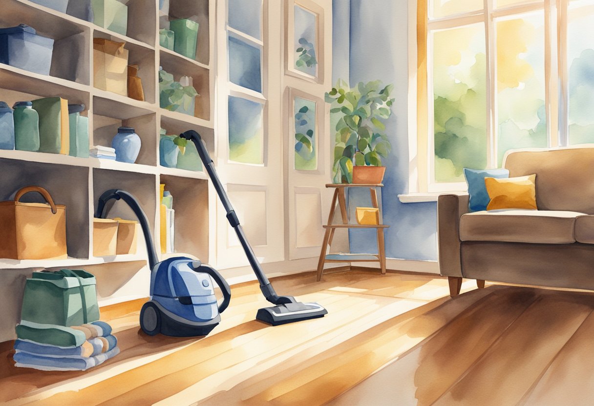 A tidy living room with a vacuum cleaner, mop, and cleaning supplies neatly organized on a shelf. Sunlight streams in through the window, casting a warm glow on the clean, polished floors