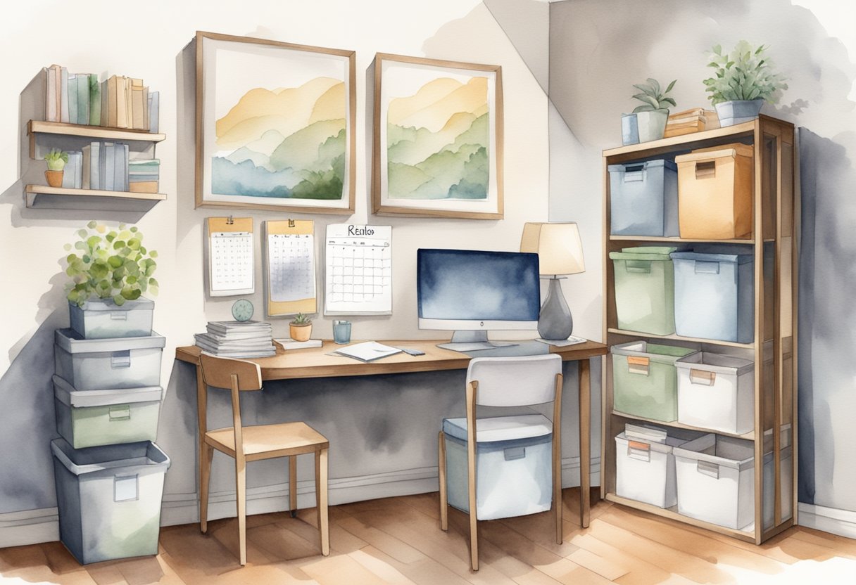 A tidy living room with labeled storage bins, a calendar on the wall, and a clear desk with neatly arranged papers