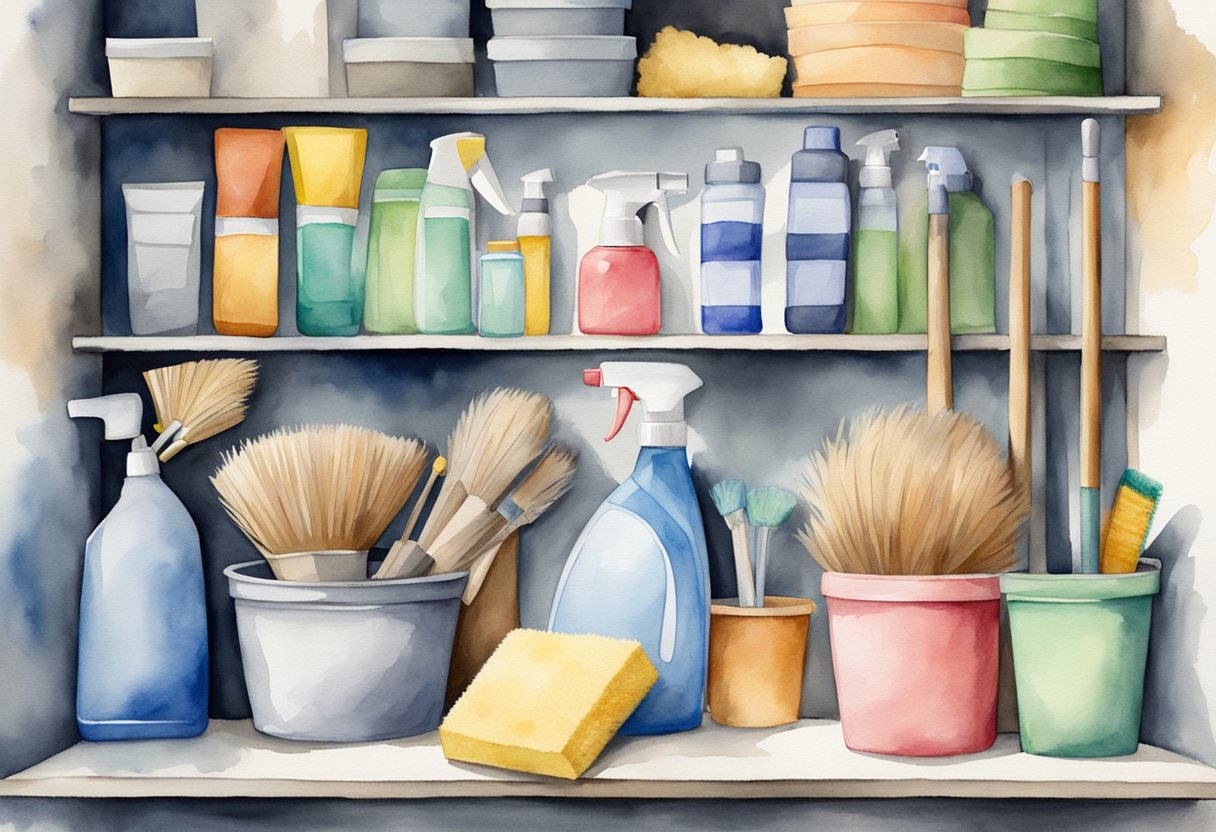 A variety of cleaning tools neatly arranged on a shelf, including a broom, mop, dustpan, and various brushes and sponges