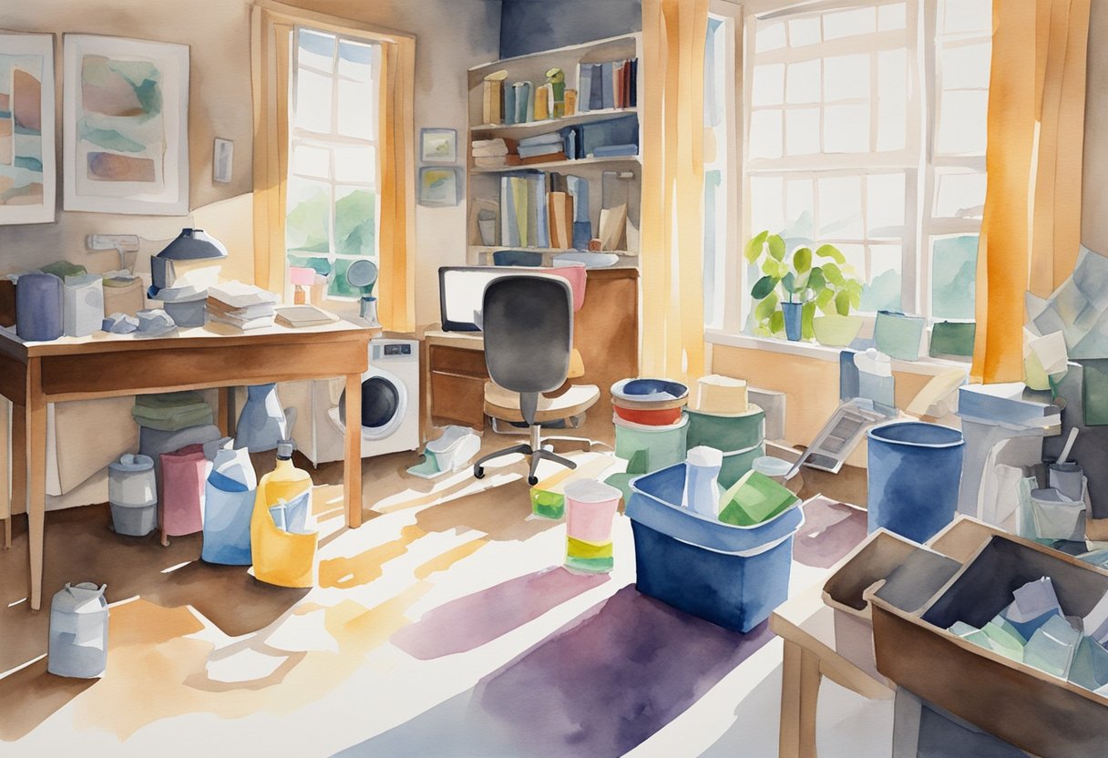A cluttered room with scattered cleaning supplies, a vacuum, and open windows letting in sunlight