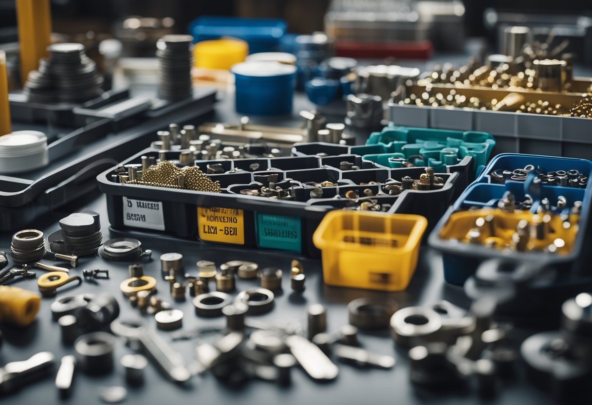 A workbench with an array of fasteners neatly organized in labeled containers, alongside various tools and materials for different projects