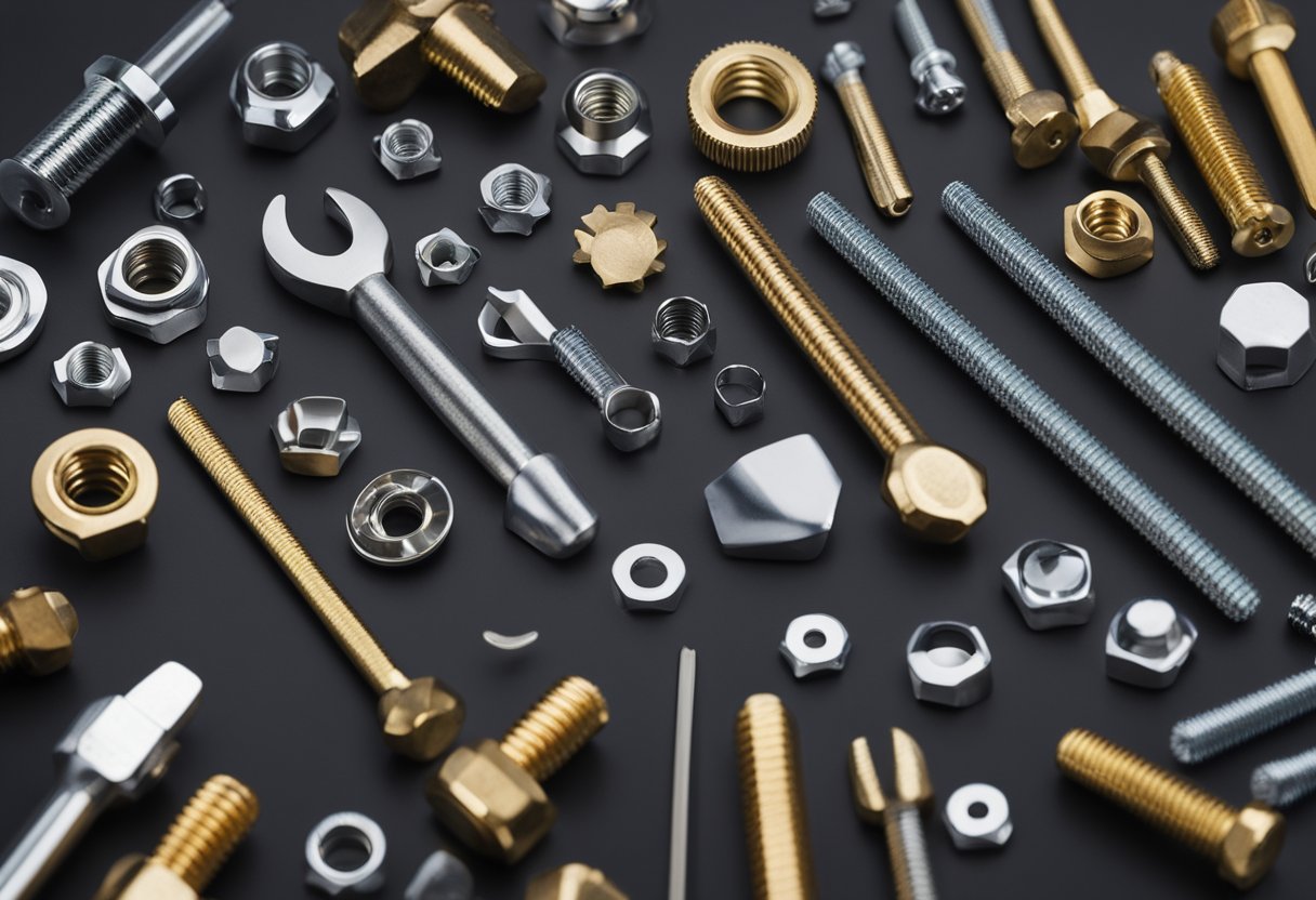 A variety of fasteners arranged next to different materials like wood, metal, and plastic, with tools such as screwdrivers and wrenches nearby