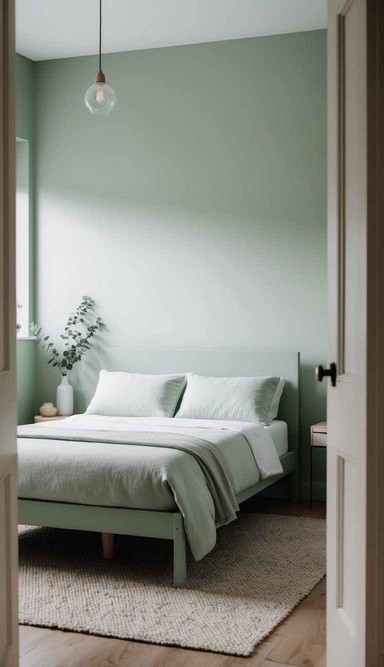 A cozy bedroom with sage green walls, a simple bed, and minimal decor for a serene and minimalist atmosphere