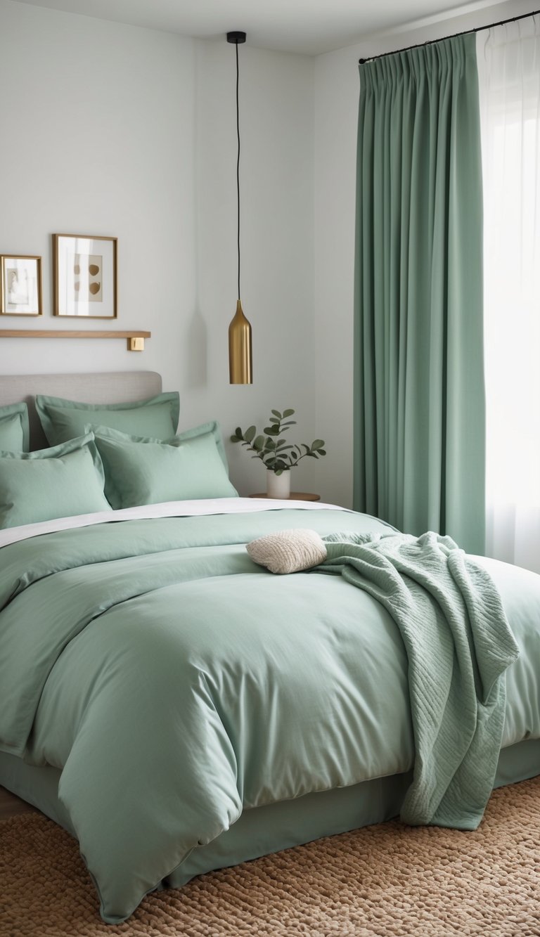 A serene bedroom with sage green bedding, matching curtains, and minimal decor