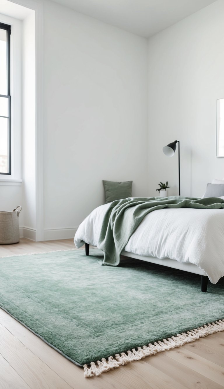 A sage green area rug lies in a minimalist bedroom with light wood floors and white walls