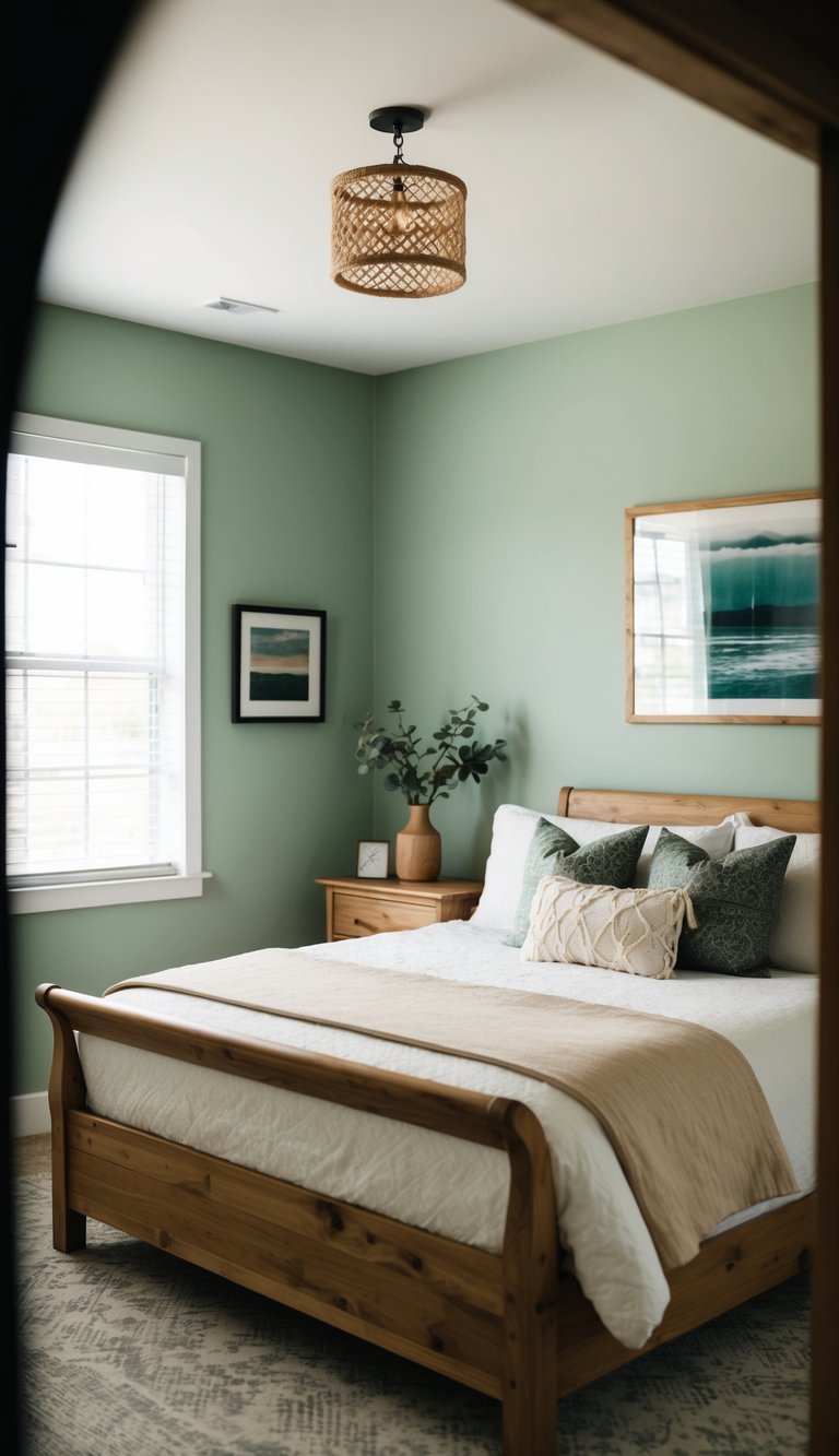 A bedroom with sage green walls, featuring natural wood furniture and decor
