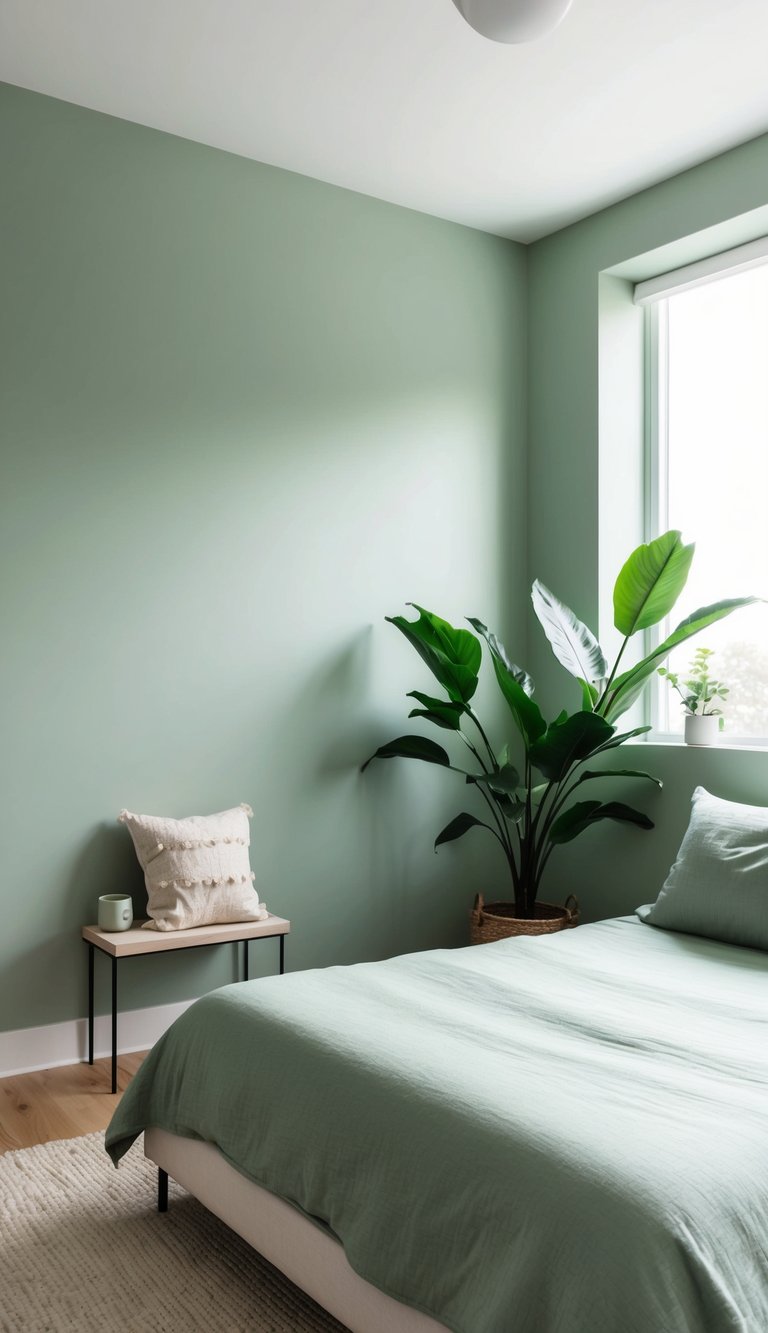 A serene bedroom with sage green walls, a simple bed, and minimal decor. Lush indoor plants add a refreshing touch to the minimalist space