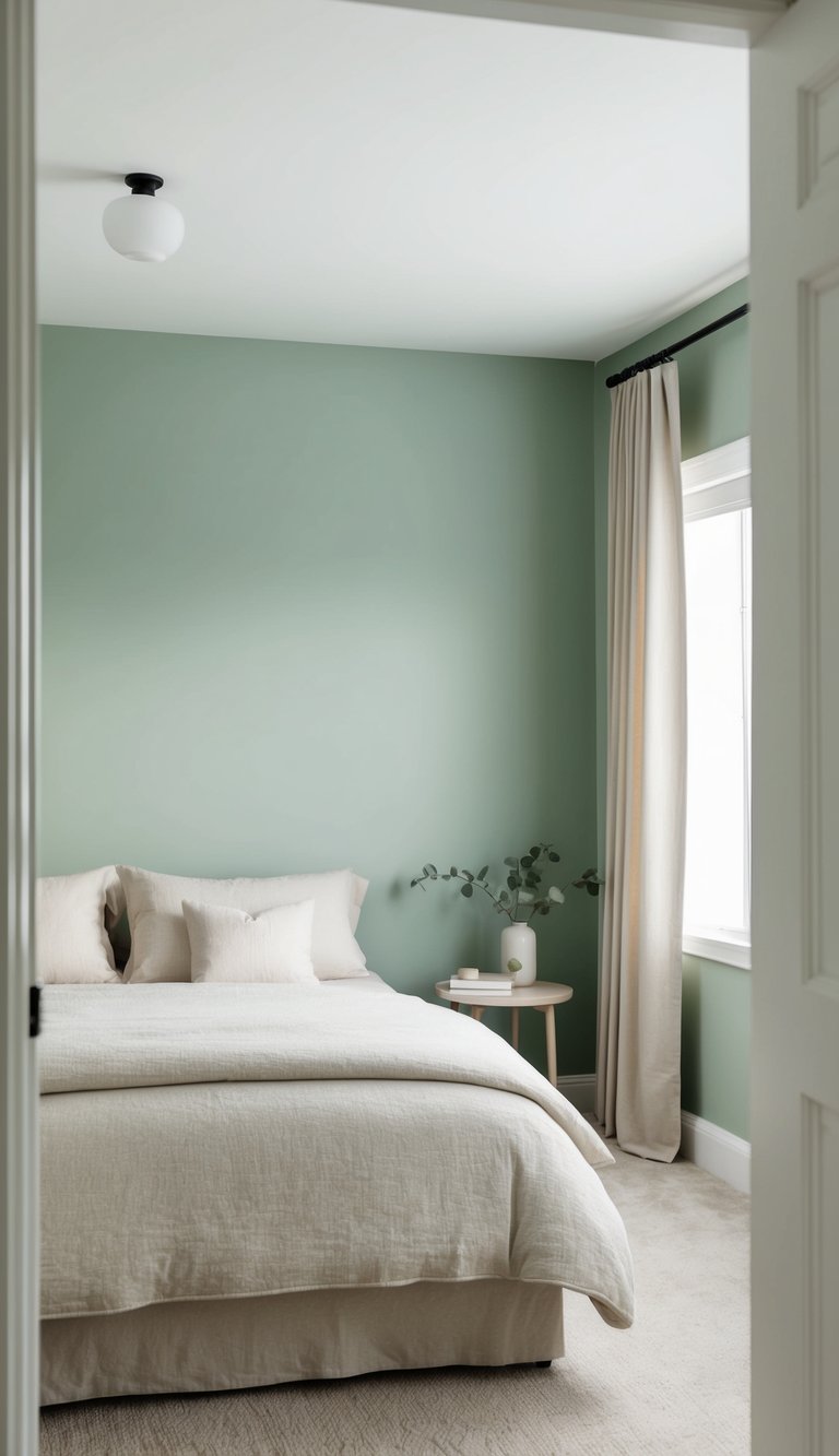 A serene bedroom with sage green walls, a simple bed with neutral bedding, and light-filtering neutral curtains