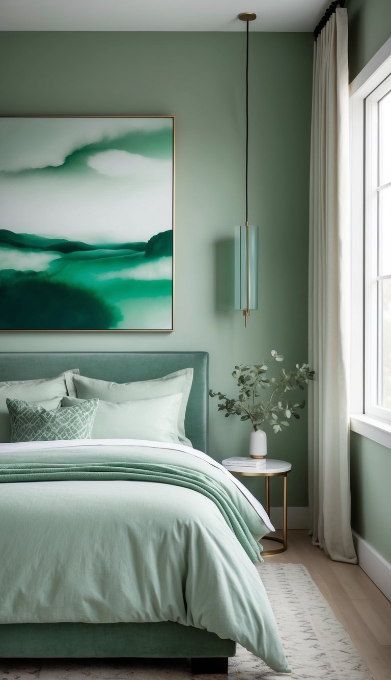 A serene bedroom with sage green accents, minimalist decor, and abstract artwork in calming green tones