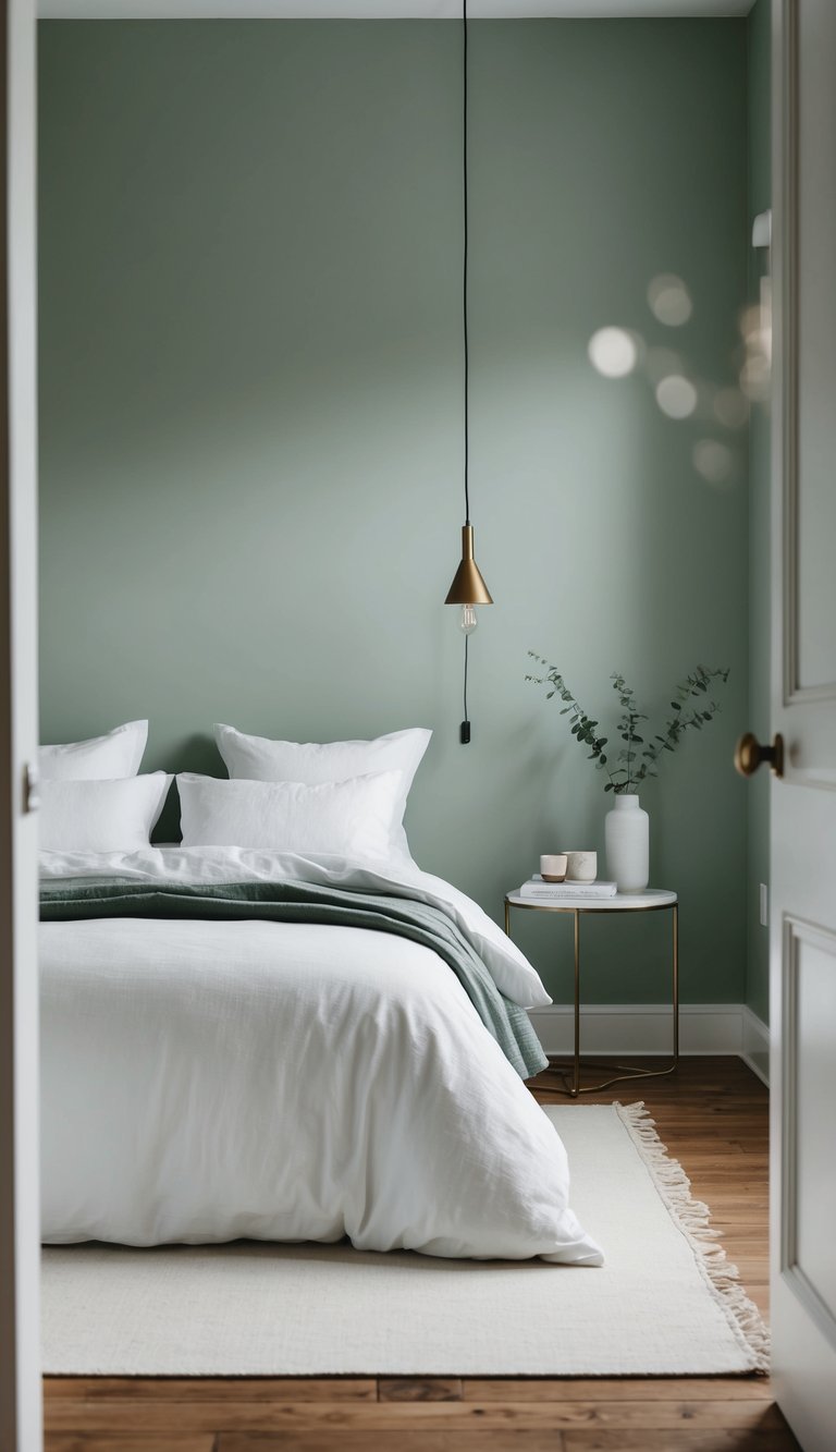 A serene bedroom with sage green walls, white bedding, and minimal decor