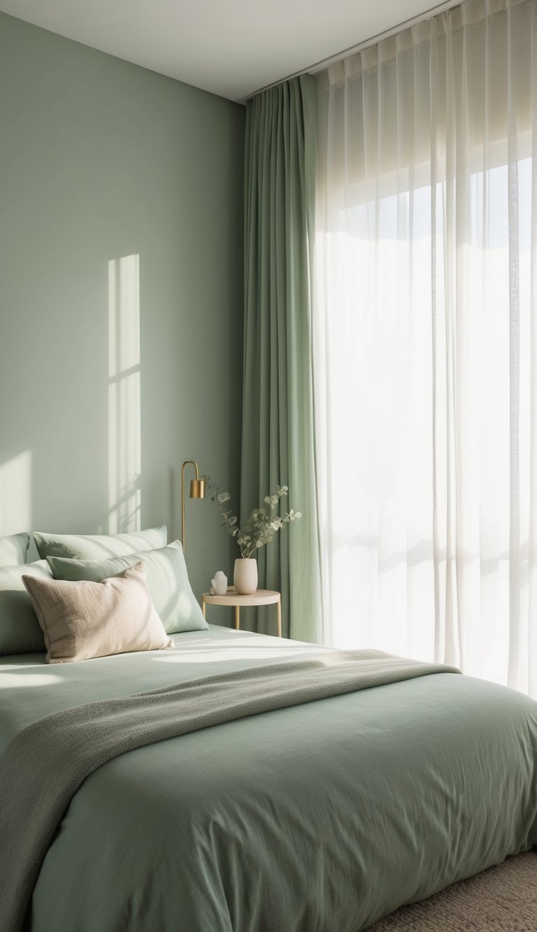 A serene sage green bedroom with clean lines, natural textures, and minimal decor. Sunlight filters through sheer curtains, casting a soft glow on the simple, yet elegant furnishings