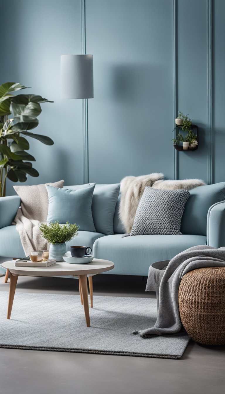 A cozy living room with light blue walls and grey accents, featuring a comfortable sofa, stylish coffee table, and soft area rug