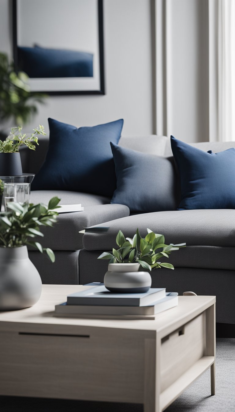 A grey sofa with navy blue pillows in a modern living room with a neutral color palette and contemporary decor