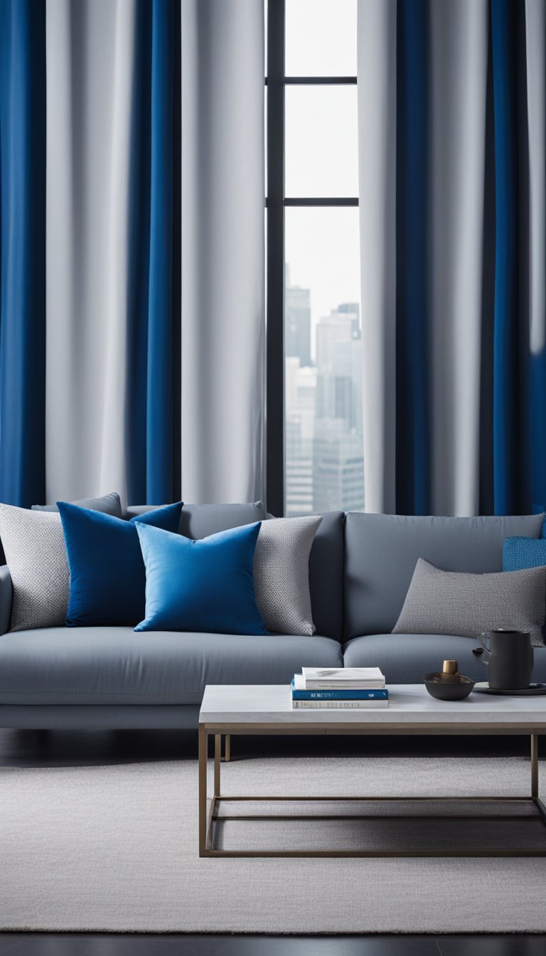 Royal blue curtains frame a modern grey living room, accented with blue throw pillows, a sleek coffee table, and abstract art