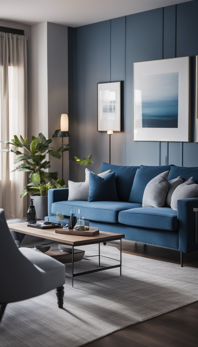 A cozy living room with a blue and grey color scheme, featuring artwork as focal points on the walls. Comfy seating and soft lighting complete the inviting atmosphere