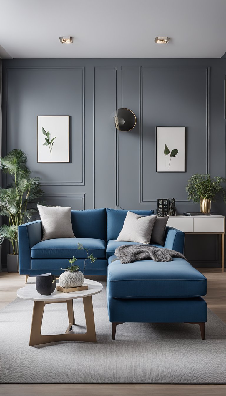 Neutral grey walls complement blue furniture in a modern living room. A cozy sofa, accent chairs, and decorative elements create a harmonious color scheme