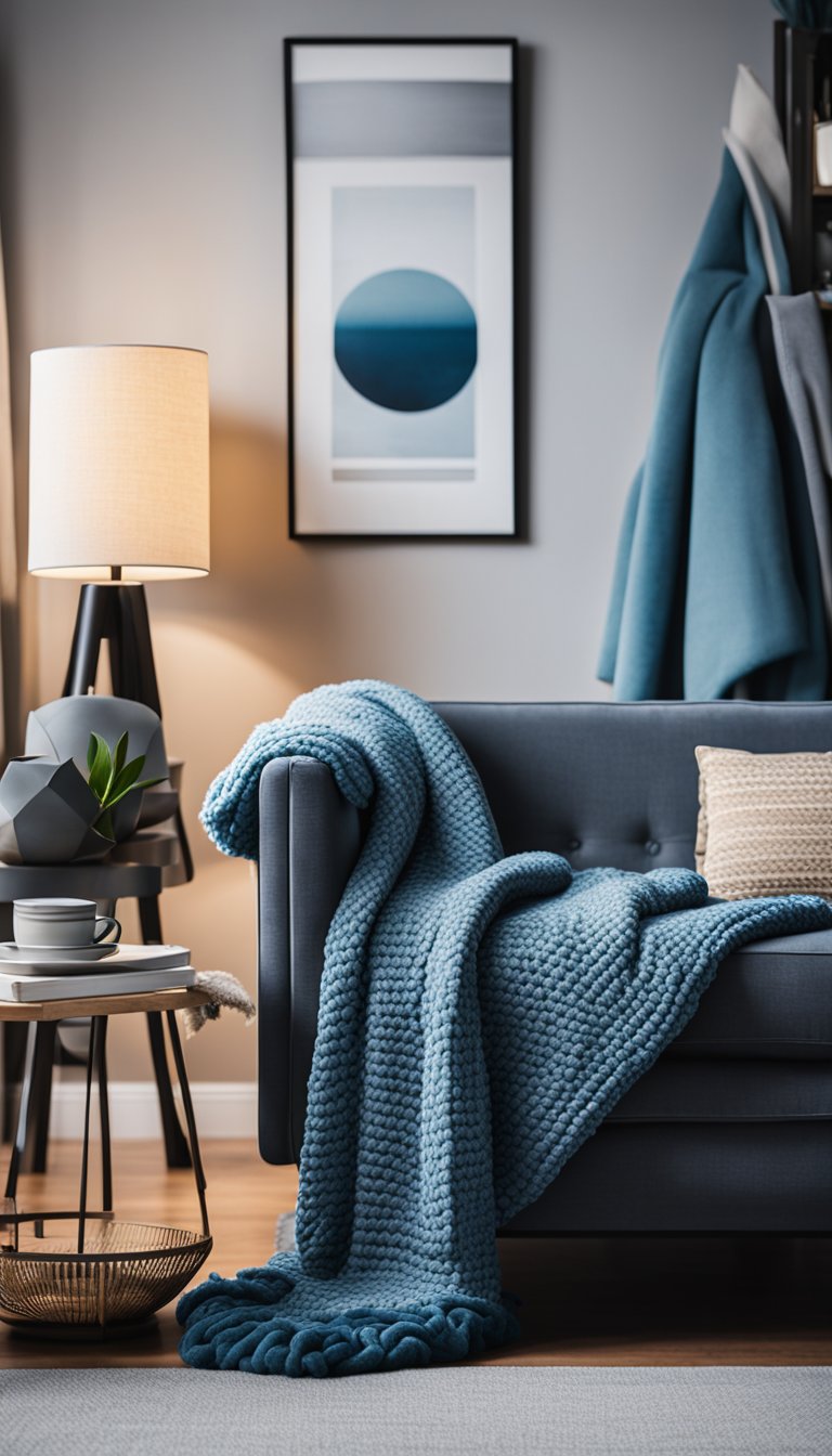 A cozy living room with blue and grey throw blankets draped over a stylish sofa and armchairs, adding a pop of color and warmth to the space