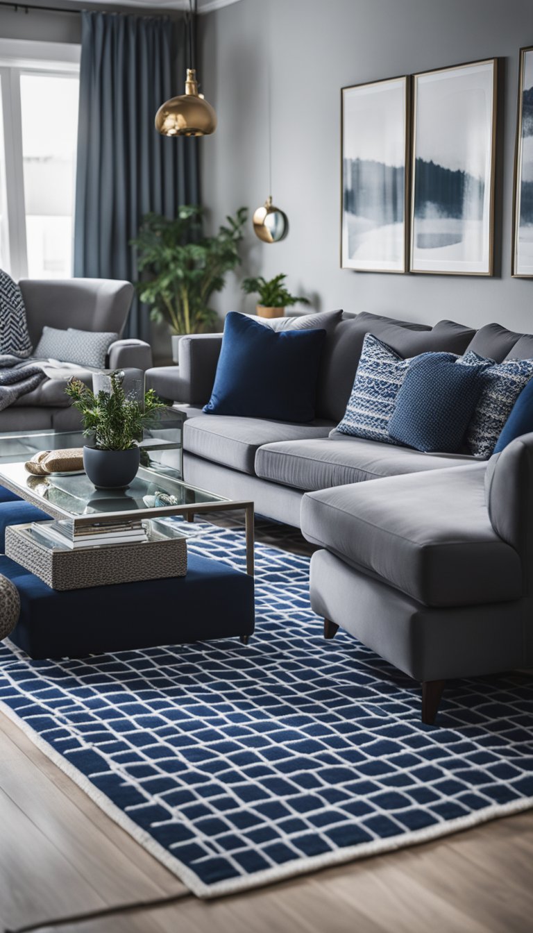 A cozy living room with navy and grey patterned rugs, featuring blue and grey furniture, decorative pillows, and curtains