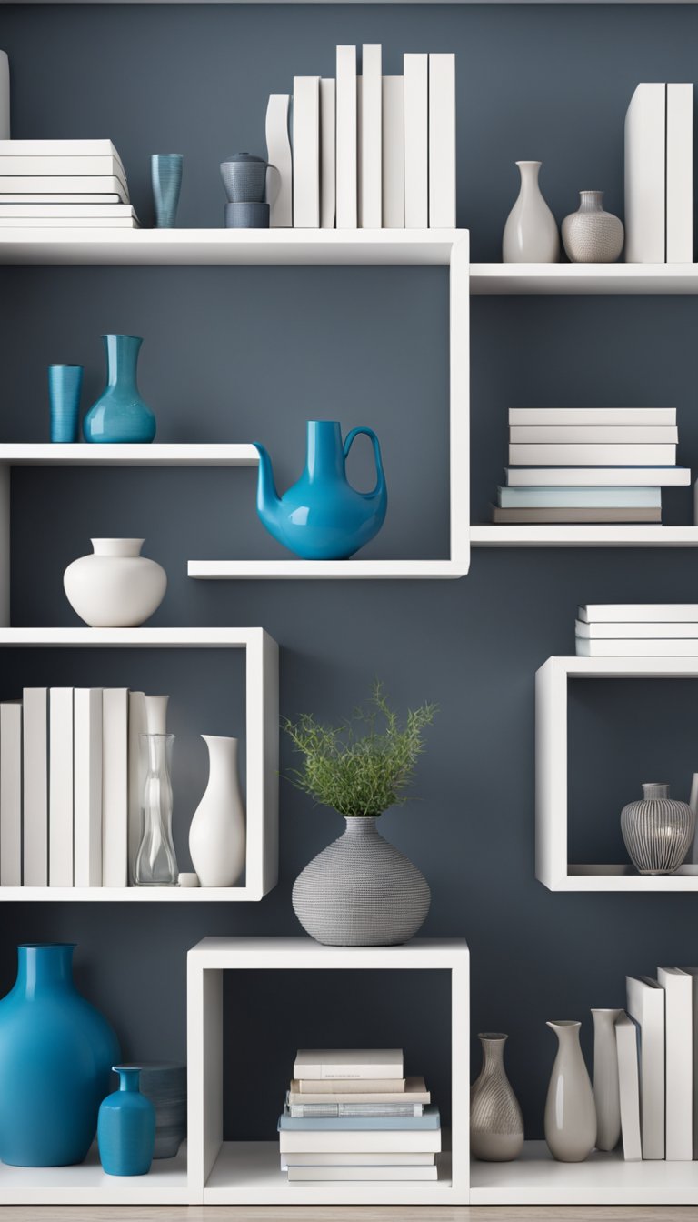 Grey shelves hold blue vases, books, and decorative pieces in a modern living room with a neutral color scheme