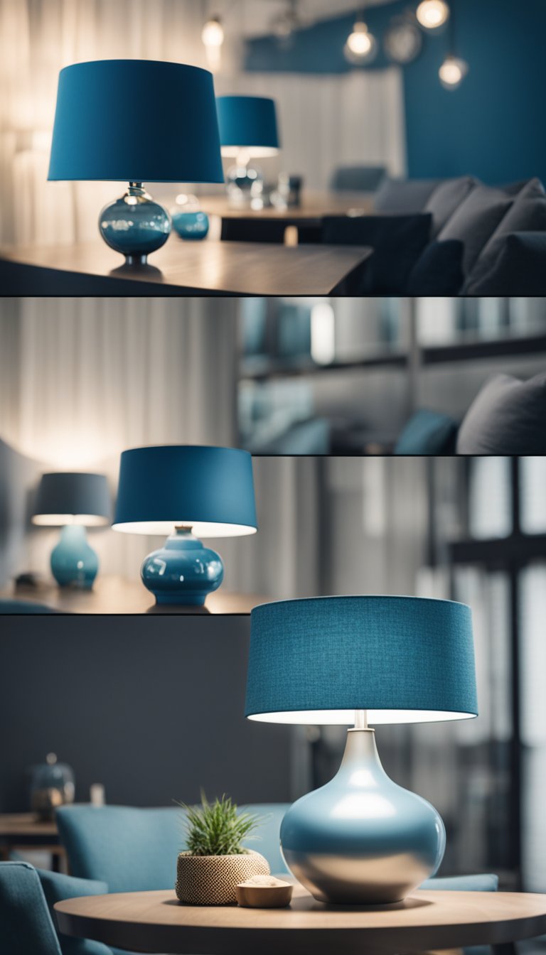 Soft blue lampshades illuminate grey tables in a cozy living room