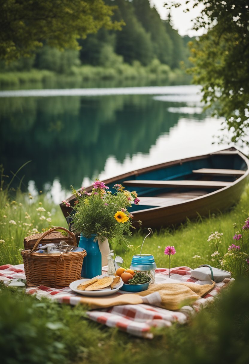 A couple having a picnic by a lake, surrounded by lush greenery and colorful wildflowers, with a small rowboat and fishing gear nearby