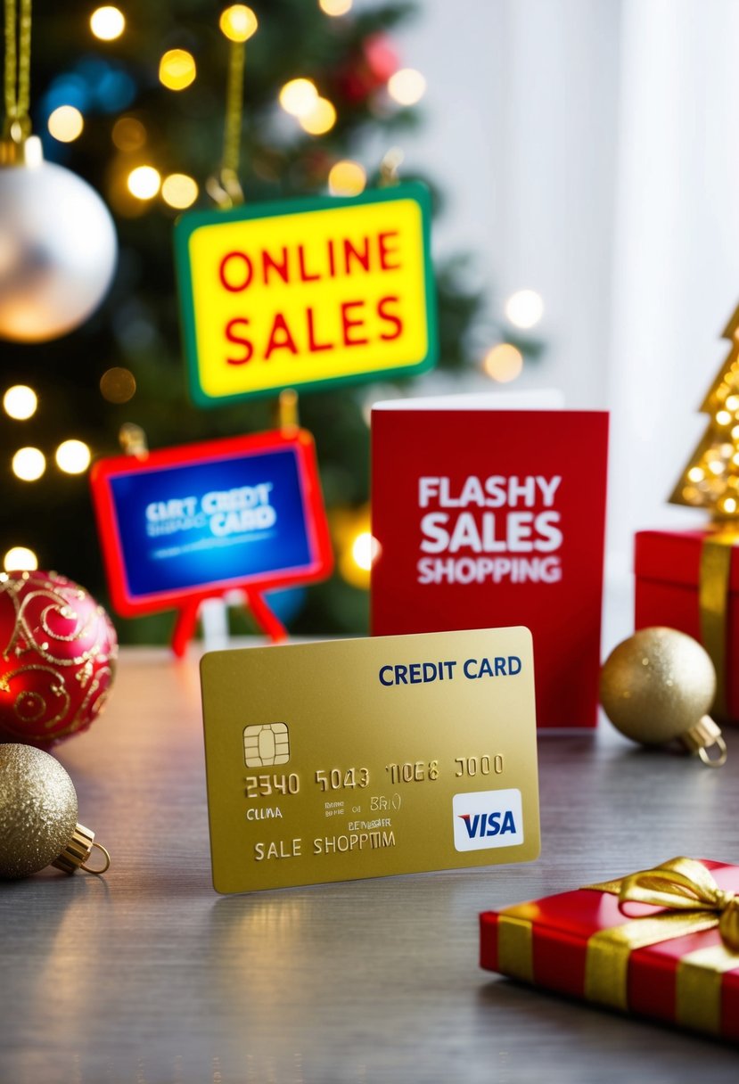 A festive holiday scene with a credit card being tempted by various traps, such as flashy sales signs and enticing online shopping offers