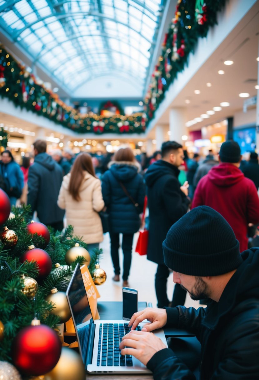 A crowded shopping mall with festive decorations, a person entering their credit card information on a public Wi-Fi network, and a hacker lurking nearby