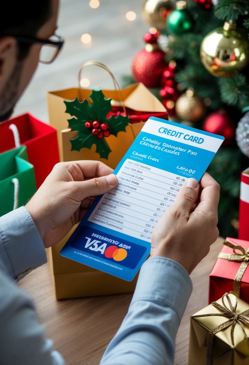 A person carefully comparing prices and reading the fine print on credit card offers while surrounded by holiday decorations and shopping bags
