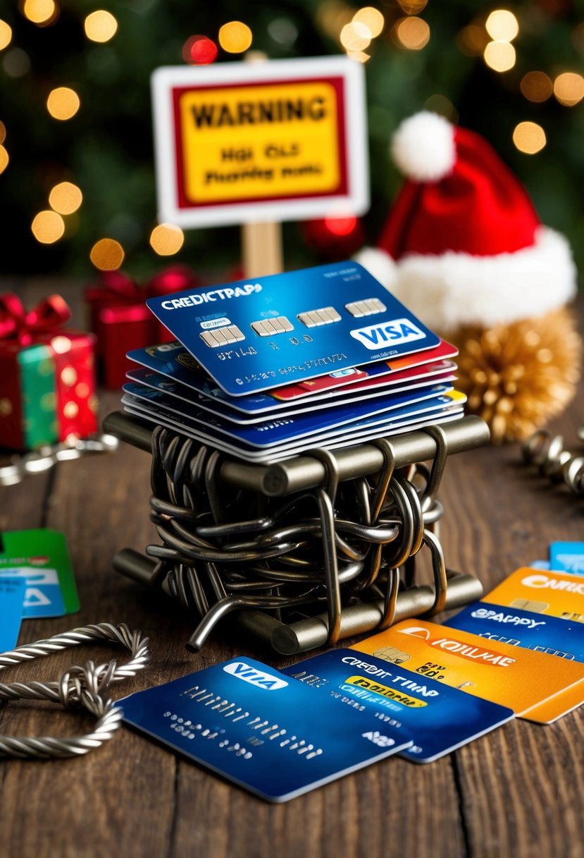 A pile of credit cards caught in a bear trap, surrounded by holiday shopping items and a warning sign
