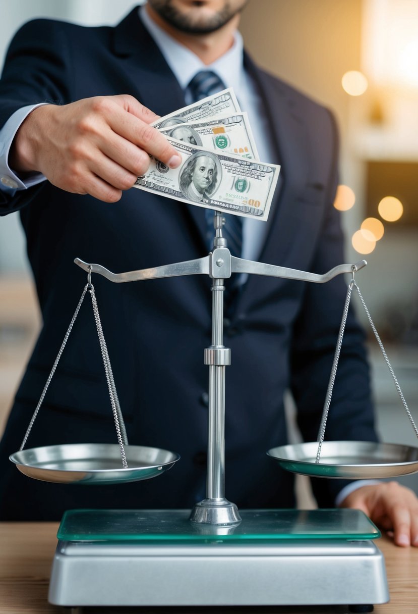 A person transferring money from one scale to another, with one side already heavy and the other side empty