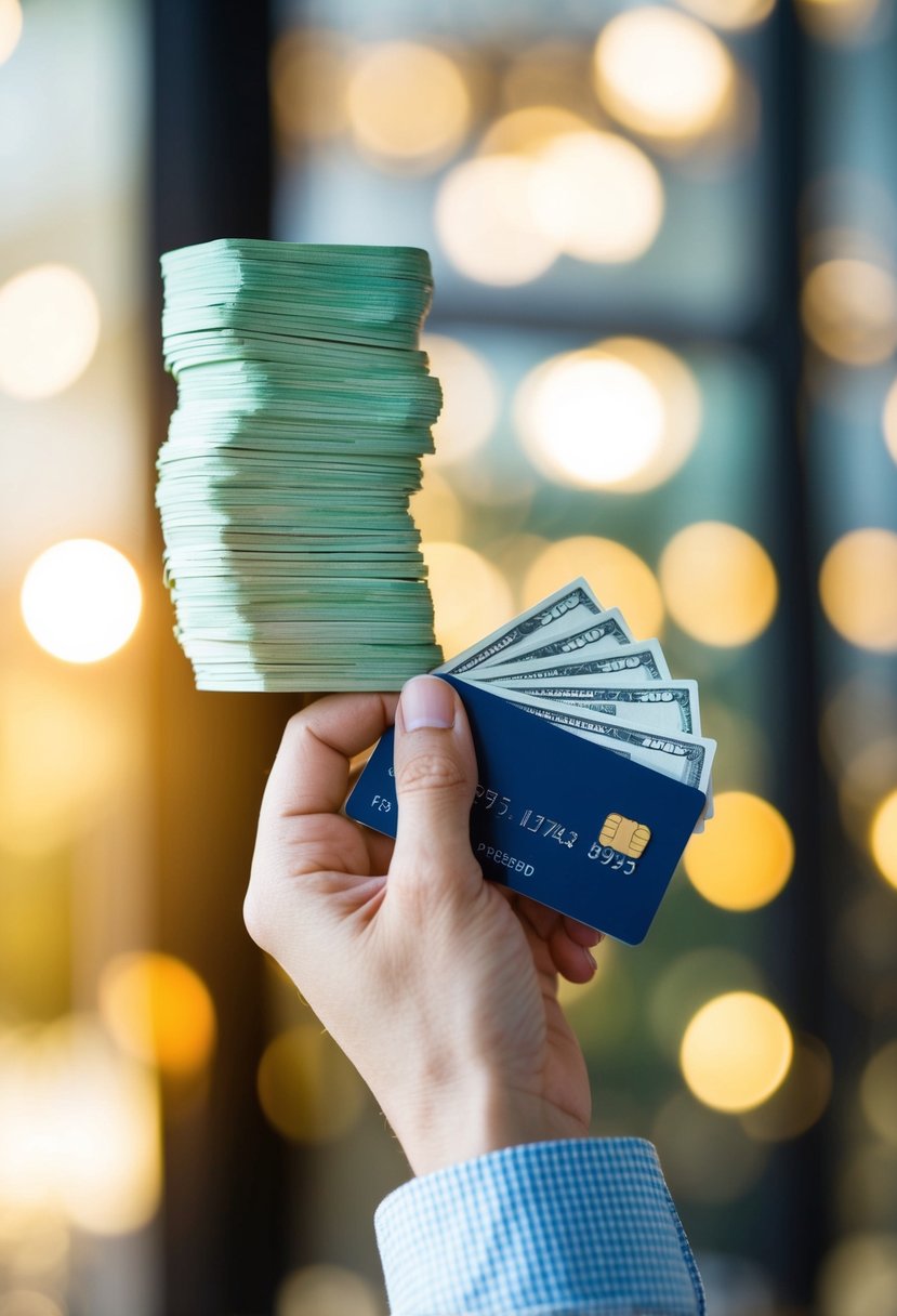 A person's hand holding a credit card with a large stack of bills on one side and a smaller stack on the other, symbolizing the concept of balance transfers