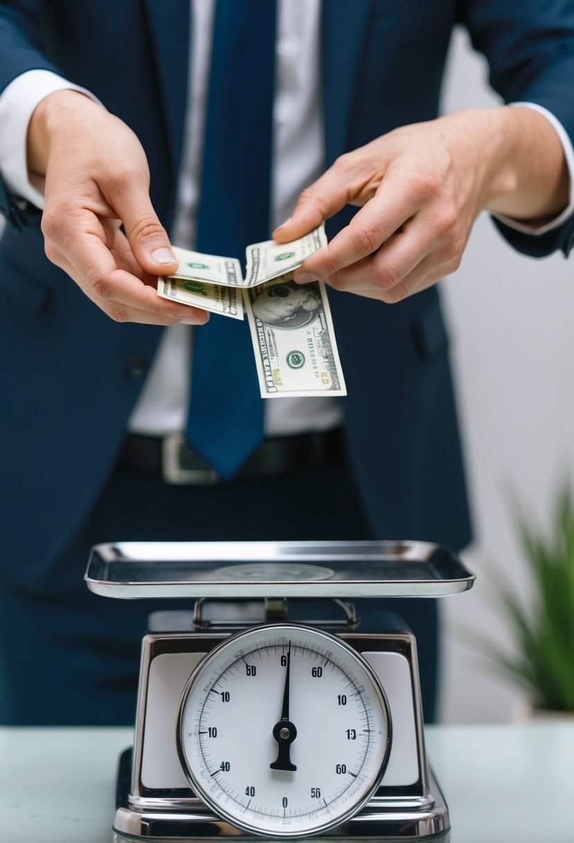 A person transferring money from one scale to another, symbolizing the benefits of balance transfer as a smart financial move