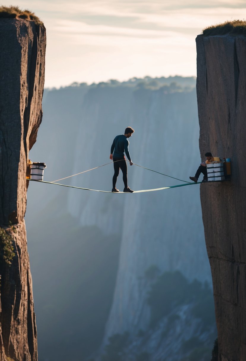 A person standing on a tightrope between two cliffs, carefully transferring objects from one side to the other