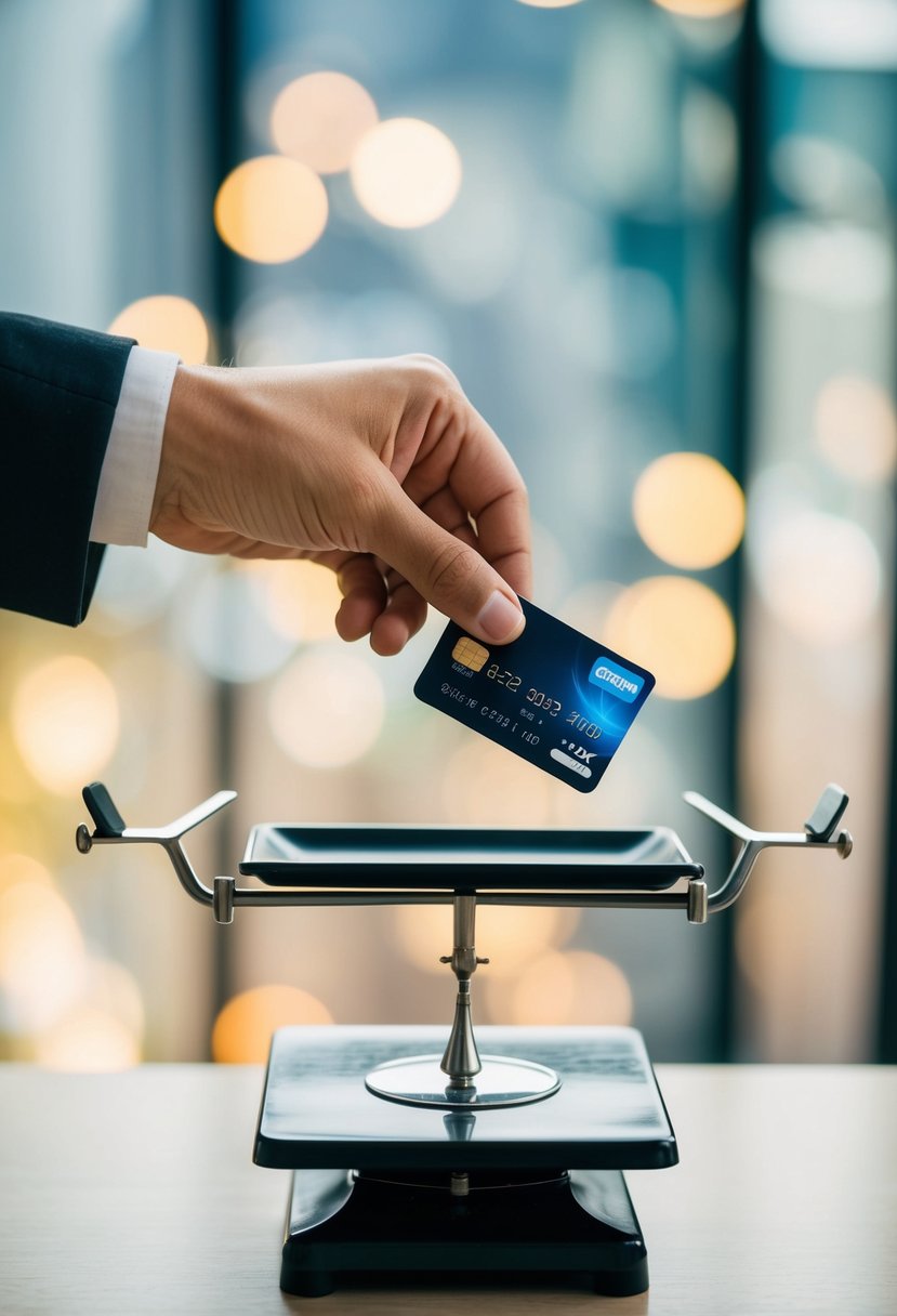 A hand holding a credit card hovers over a scale, with arrows pointing from one side to the other