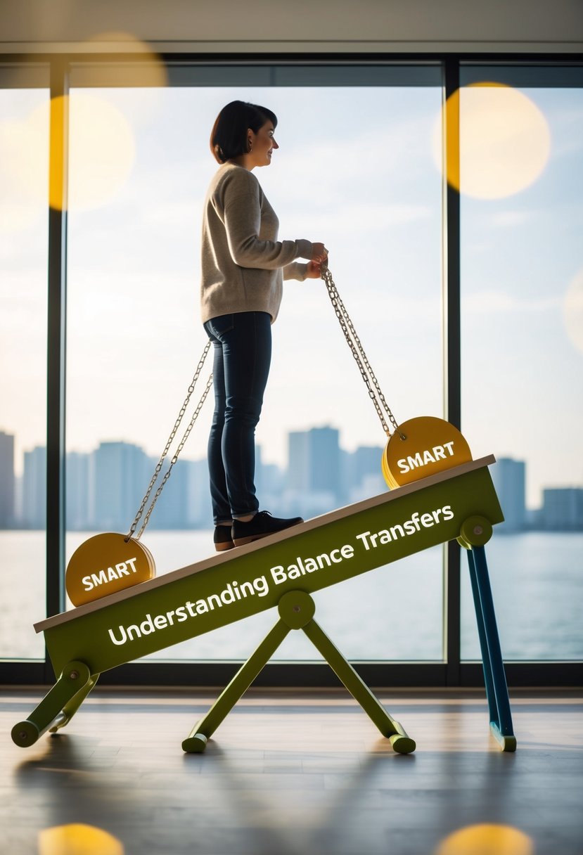 A person stands on a seesaw, with one end labeled "Understanding Balance Transfers" and the other end labeled "Smart Move."