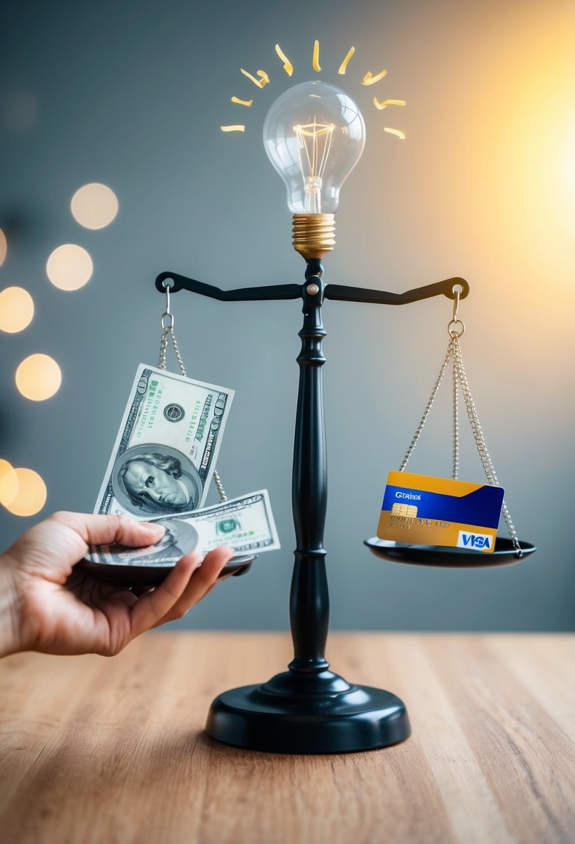 A hand holding a scale, with money on one side and a credit card on the other. A lightbulb hovers above, symbolizing a smart financial decision