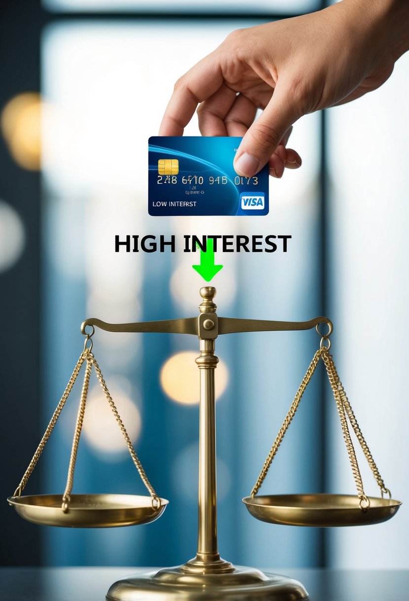 A hand holding a credit card hovers over a scale, with one side labeled "High Interest" and the other "Low Interest." A green arrow points from high to low