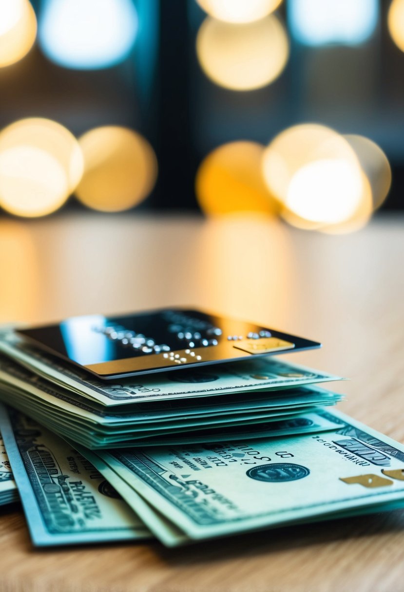 A stack of bills and a credit card with reward points symbol on a table