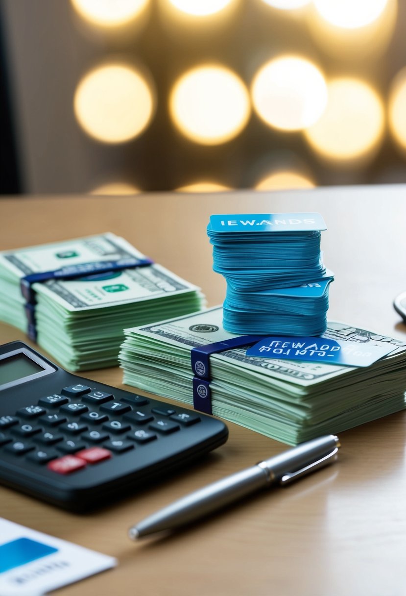A stack of bills and a pile of reward points cards on a desk, with a calculator and pen nearby