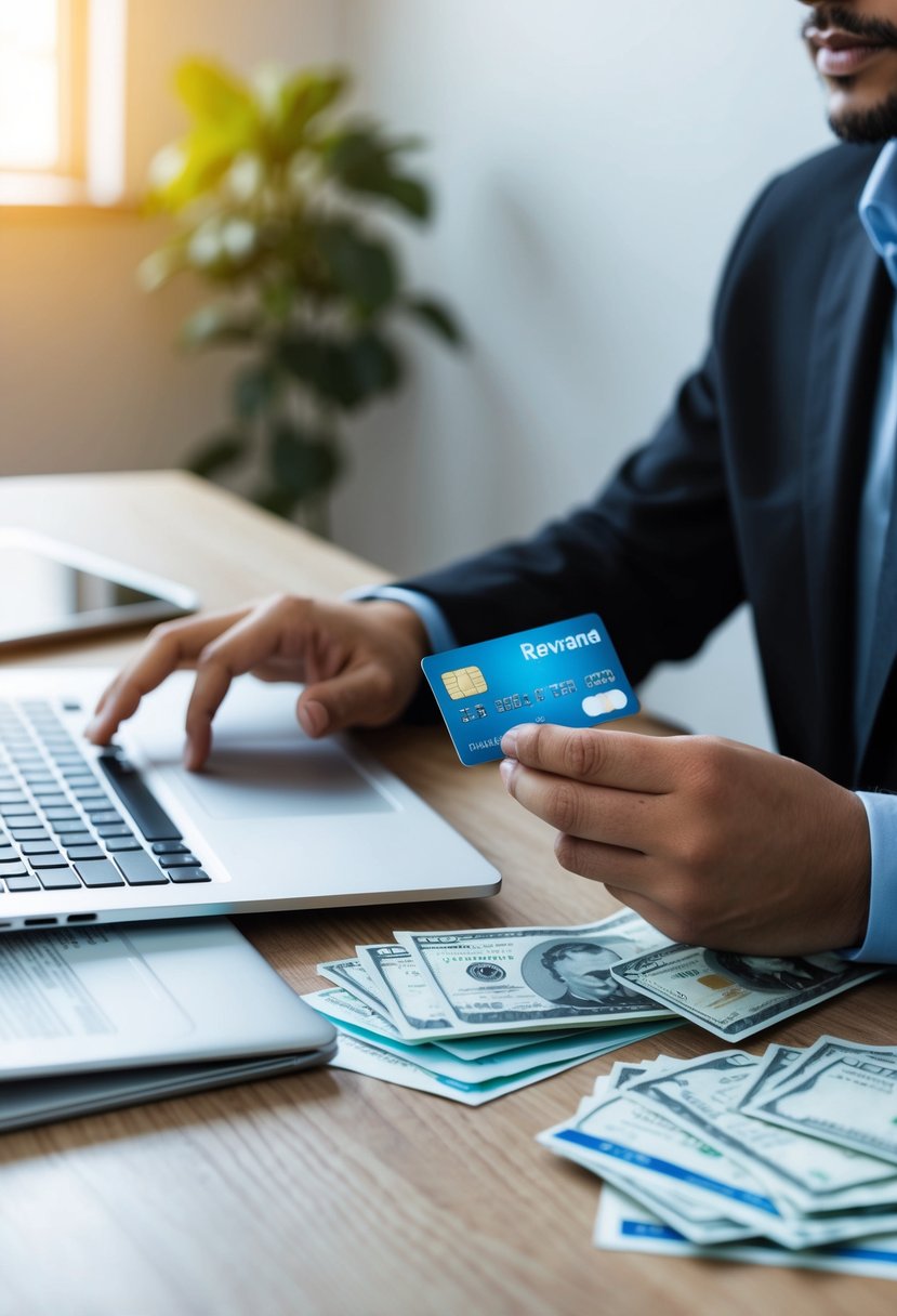 A person sitting at a desk, surrounded by bills and a laptop, with a credit card and reward points card in hand, contemplating which bills to pay with the points