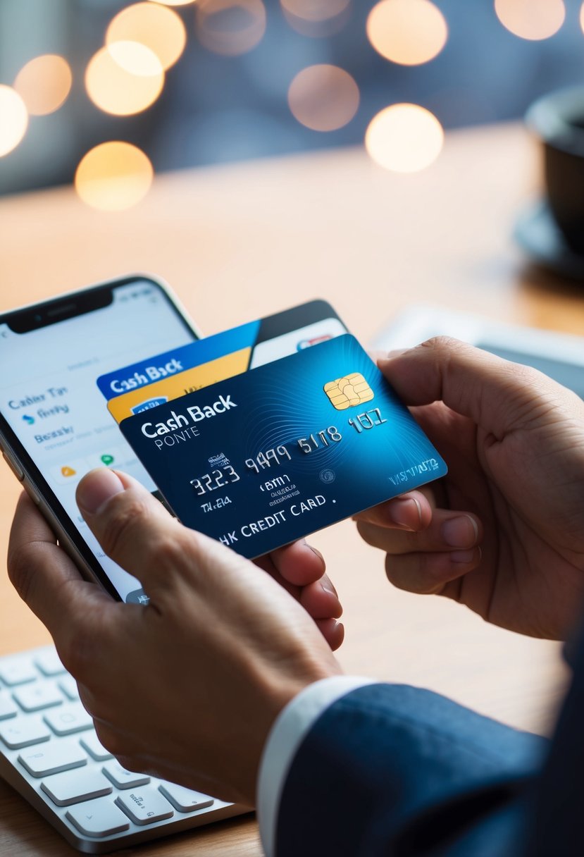 A credit card with various features (cash back, points, etc.) being used to pay bills online
